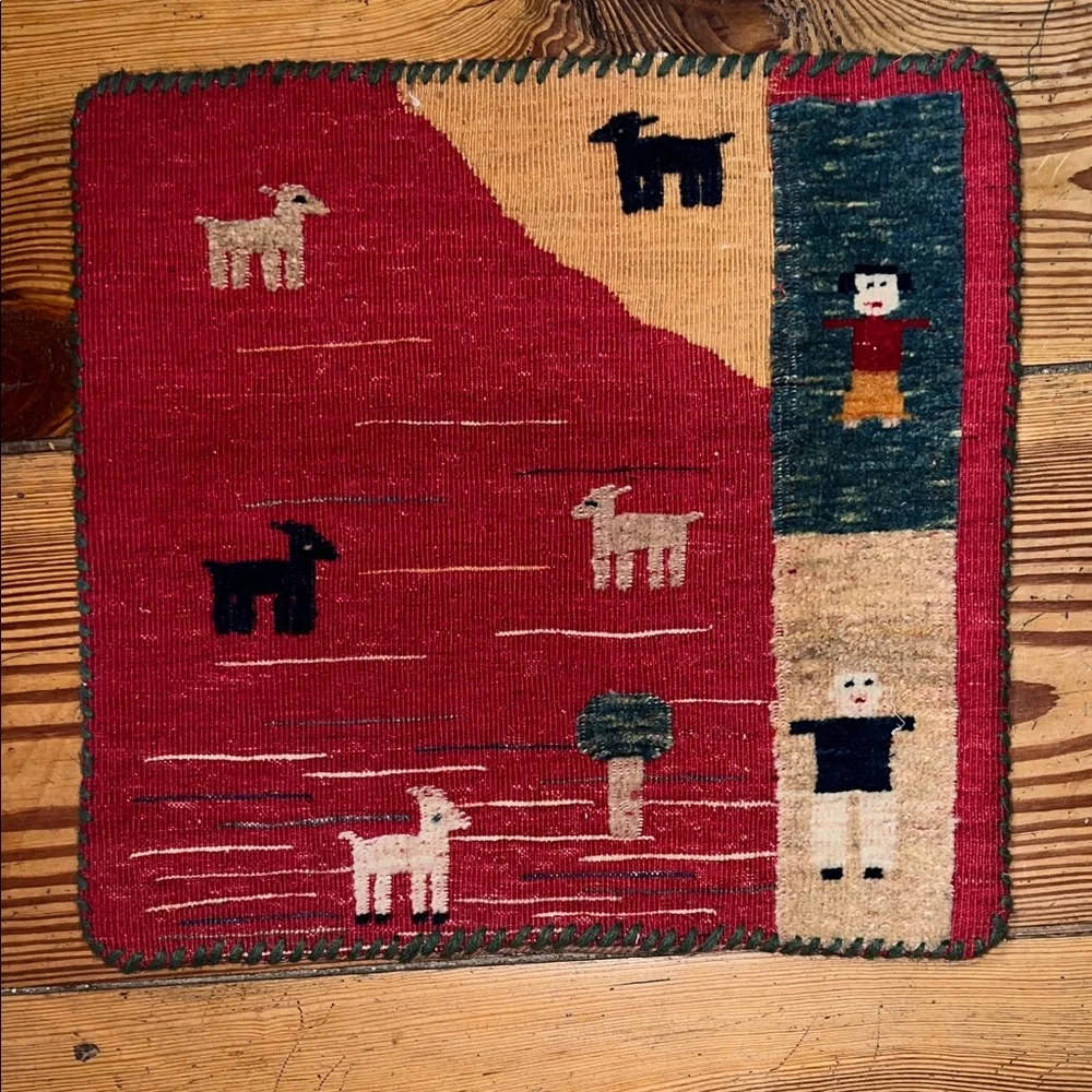 Antique Persian Iran Woven Tapestry Wool Rug Cushion with Animal Design Gabbeh